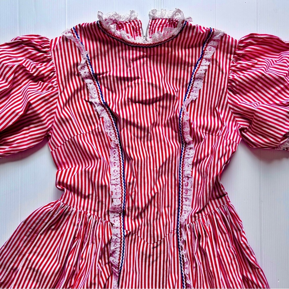 Handmade Red Striped Prairie Dress with Hat XS Small